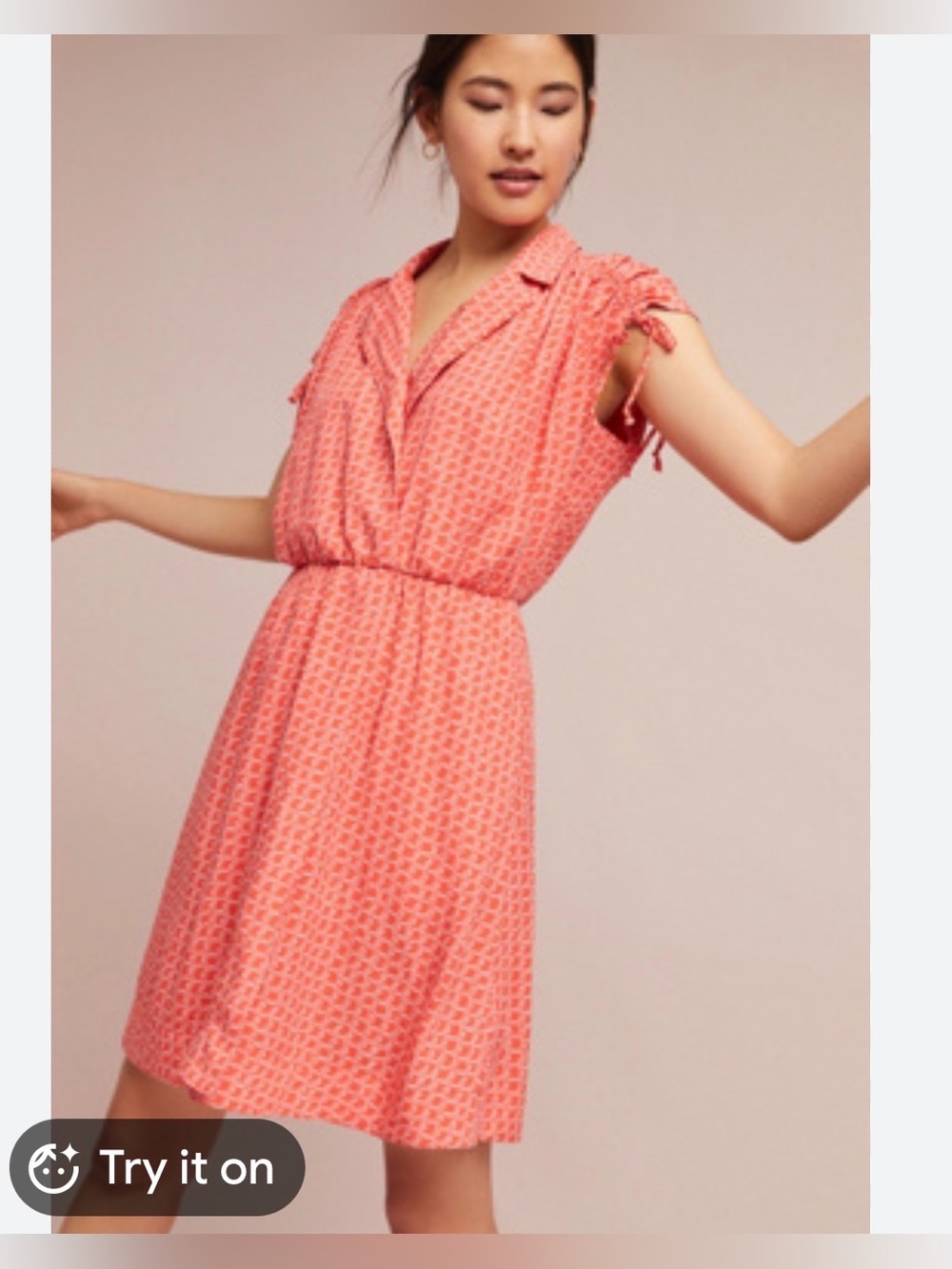 Anthro Maeve Carlotta Ruched Shirtdress Coral Print Tie Sleeve Sz S EUC flirty
